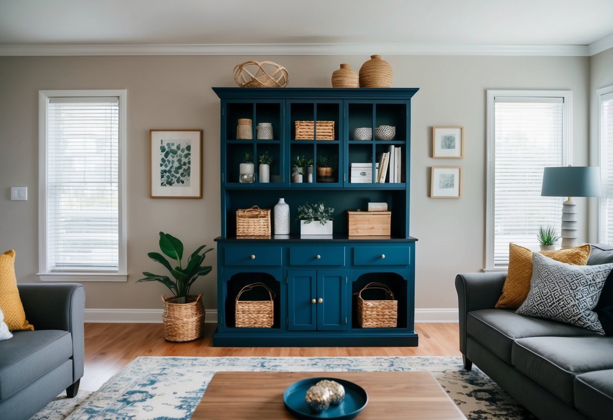 A living room with a multi-purpose hutch holding various storage items and decorative pieces