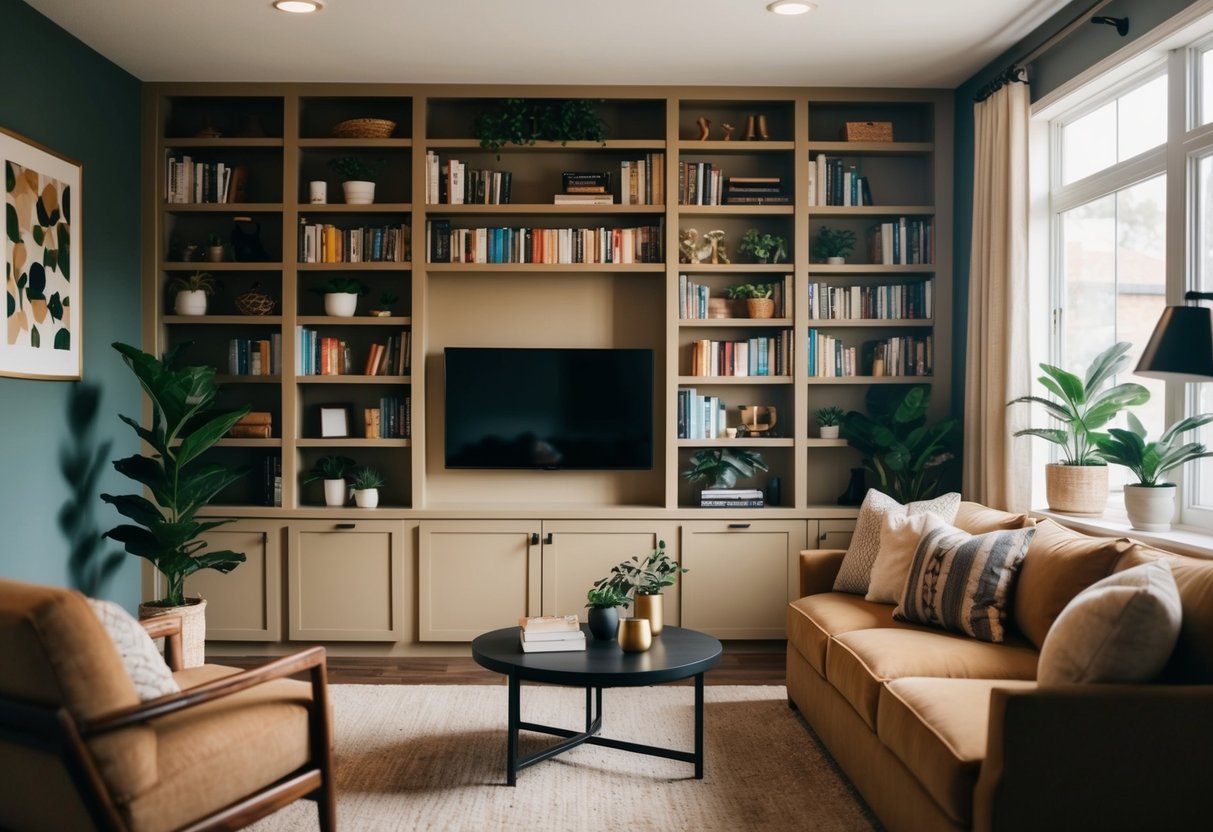 A cozy living room with built-in shelving filled with books, plants, and decorative items. A comfortable seating area and a warm color scheme complete the inviting space