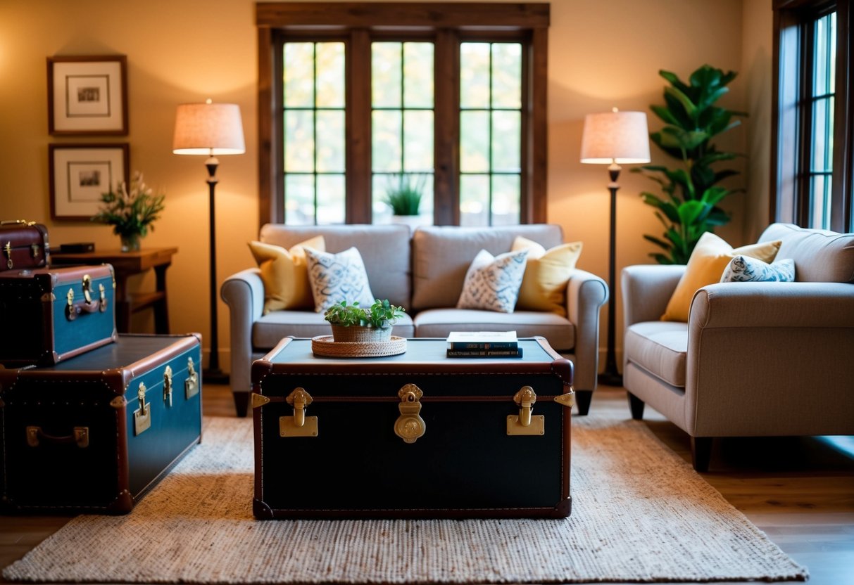 A cozy living room with vintage trunks used as storage and decor. Warm lighting and comfortable seating complete the inviting space