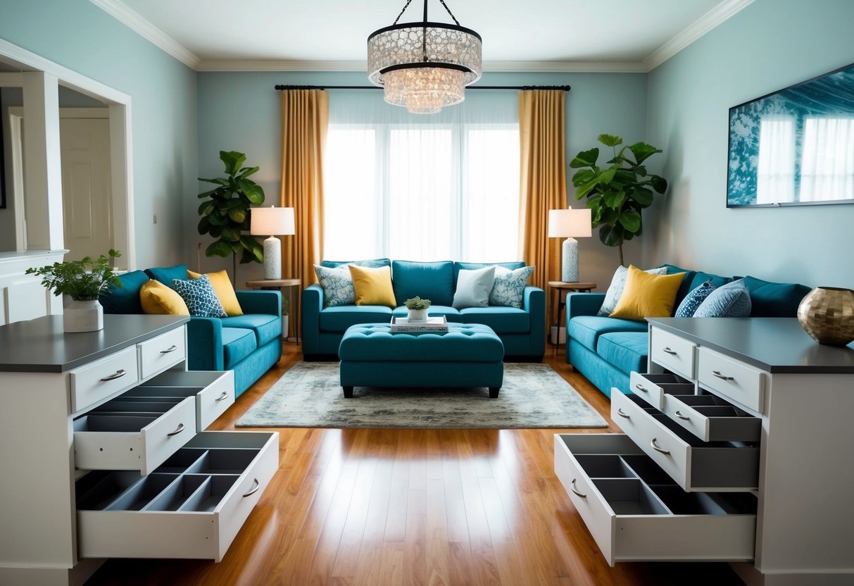 A living room with various storage solutions, including drawer organizer inserts, neatly arranged and showcasing 33 different storage ideas