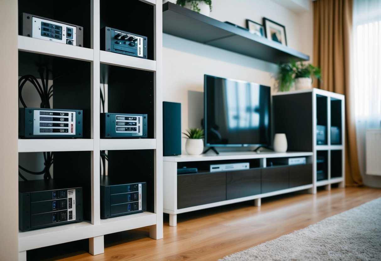 A living room with cable management boxes neatly arranged on shelves and hidden behind furniture, creating a tidy and organized storage solution