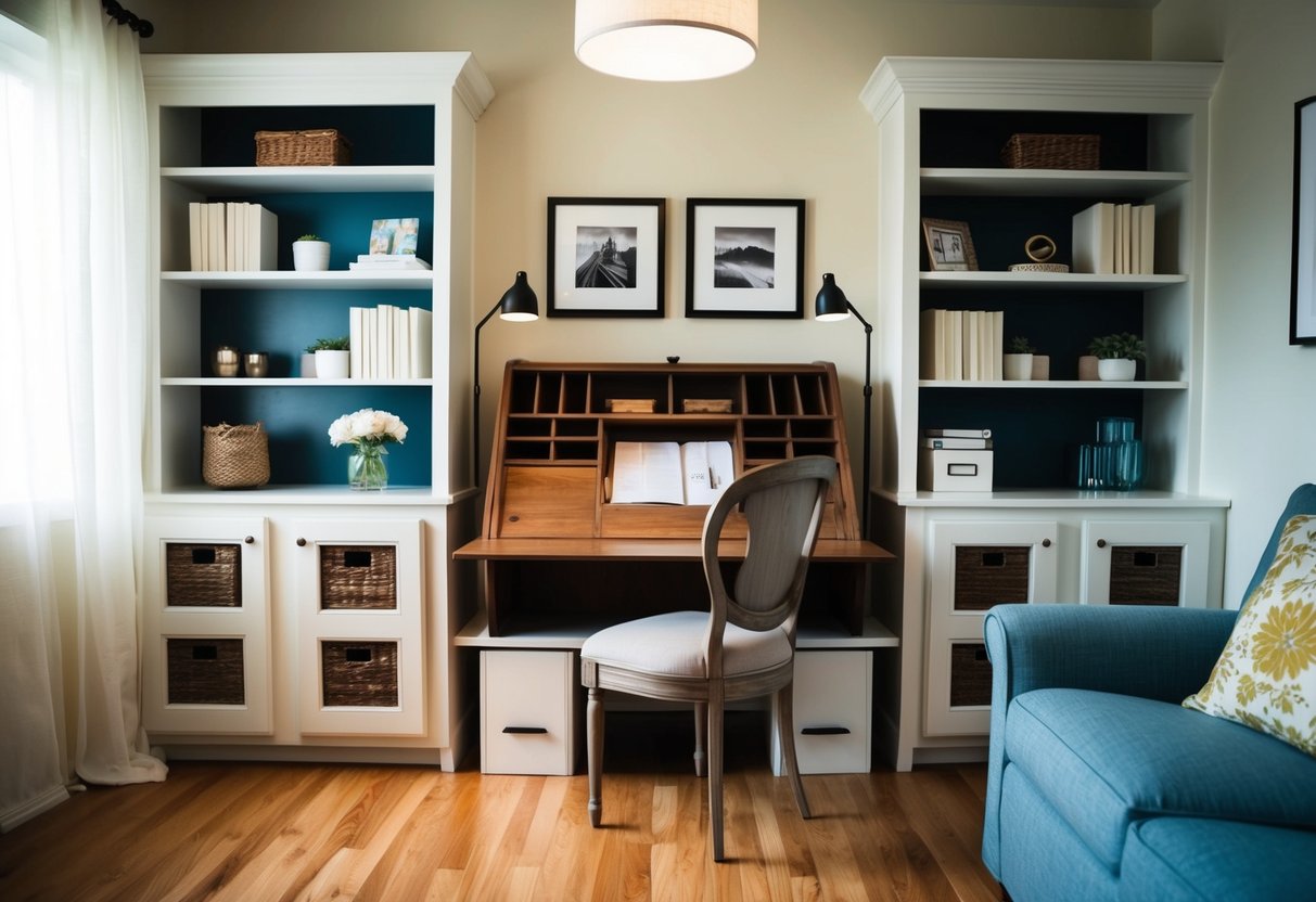 A cozy living room with a compact secretary desk nestled in the corner, surrounded by shelves and storage compartments, creating a functional and stylish space