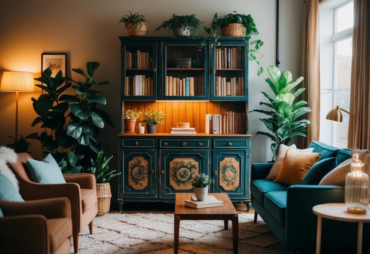 A cozy living room with a vintage style cabinet filled with books, plants, and decorative items. Warm lighting and comfortable seating complete the inviting space