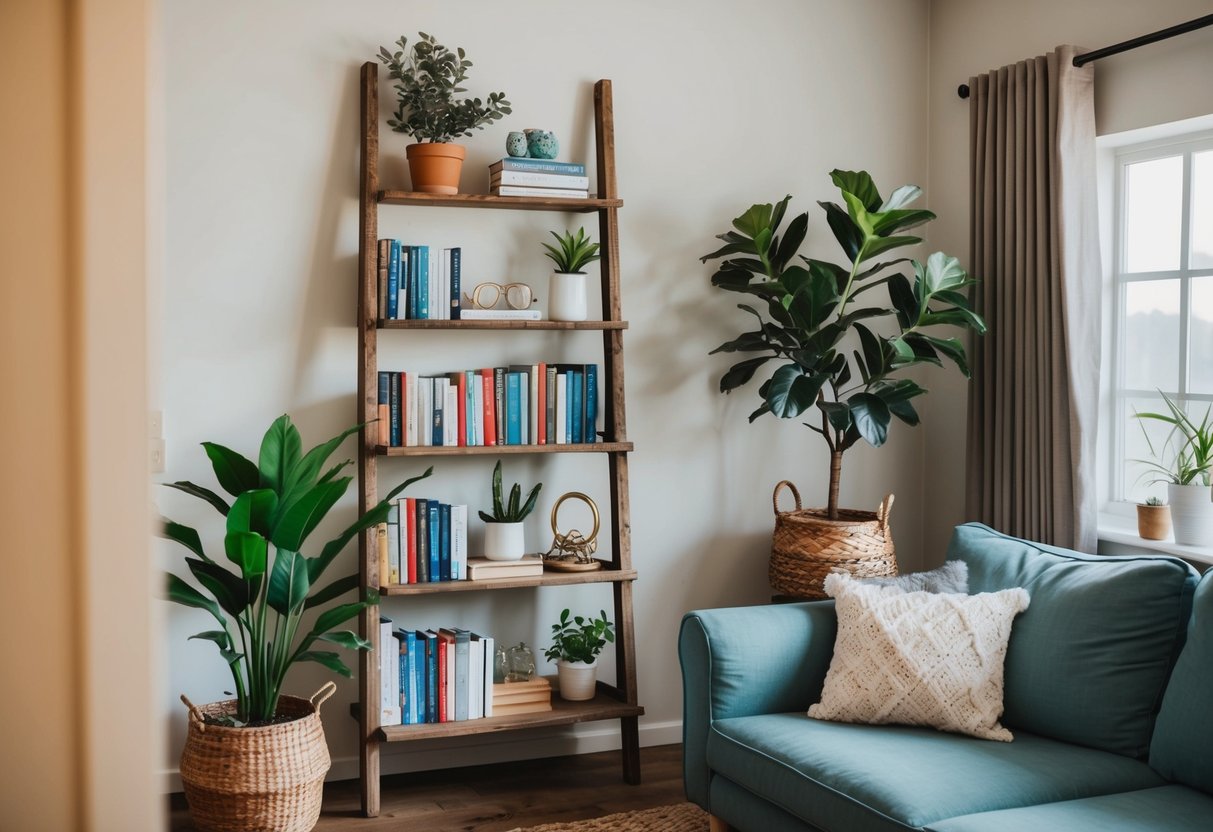 A cozy living room with a rustic ladder shelf filled with books, plants, and decorative items