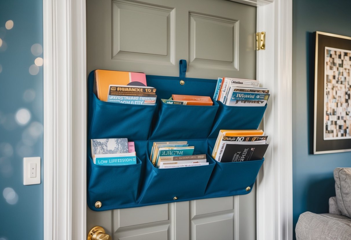 A living room with a wall-mounted over-the-door organizer filled with various items such as books, magazines, and small decorative objects