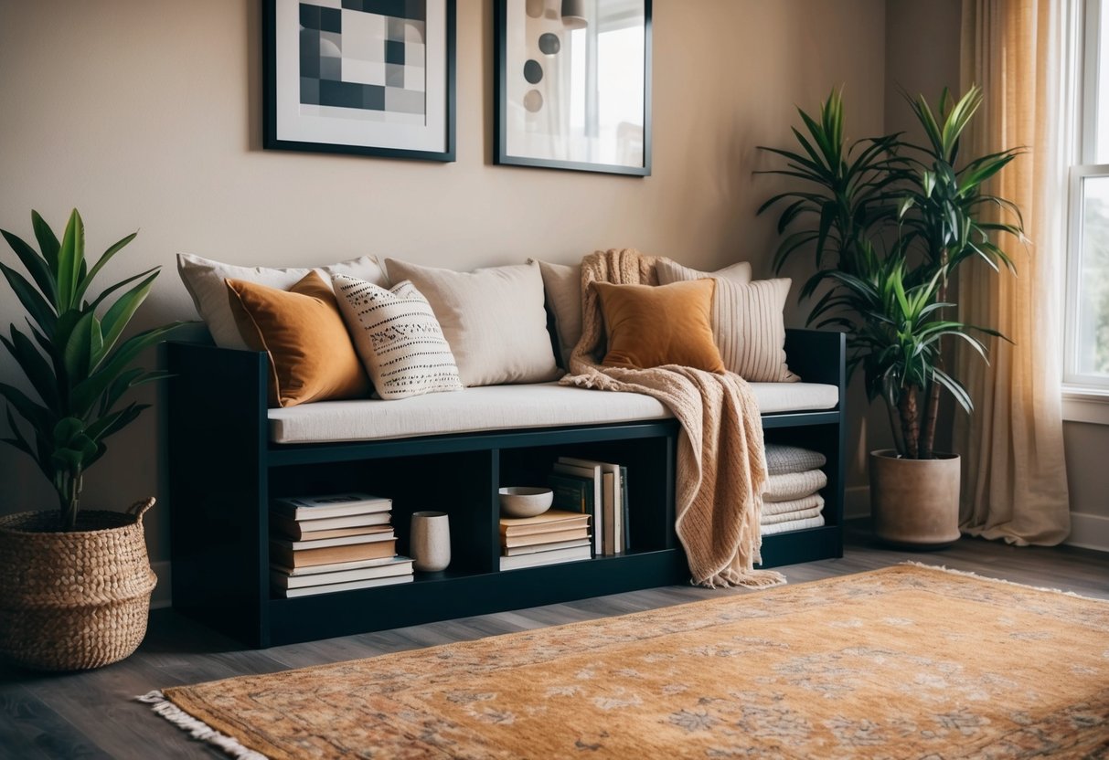 A cozy living room with a storage bench, filled with books, blankets, and pillows. A warm rug and potted plants complete the inviting space