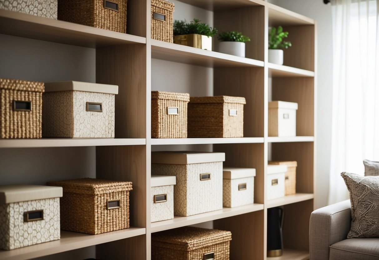 A shelf filled with decorative storage boxes in a cozy living room