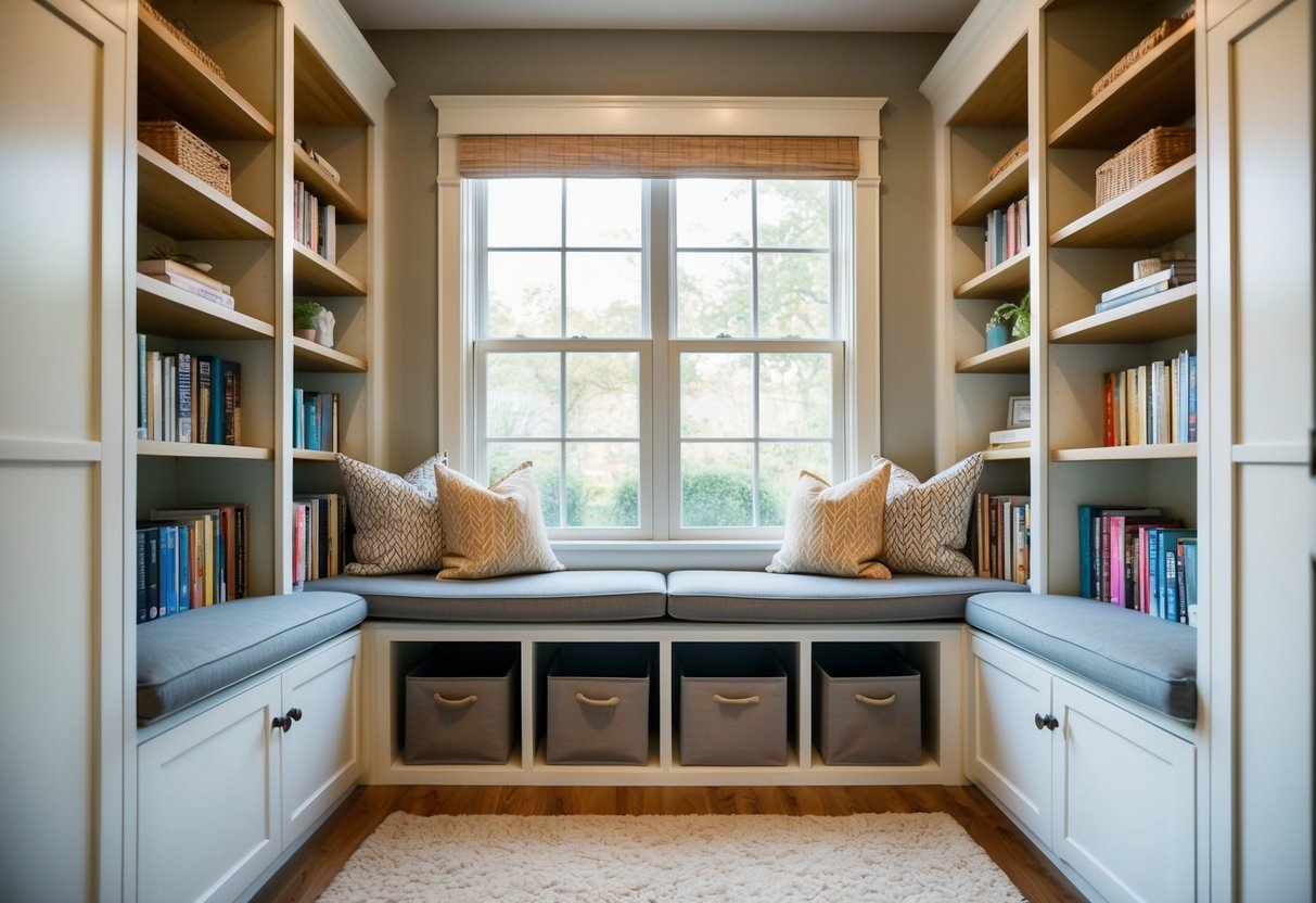 A cozy living room with built-in pull-out bins for storage under a window seat, surrounded by shelves and cabinets for organizing books and decor