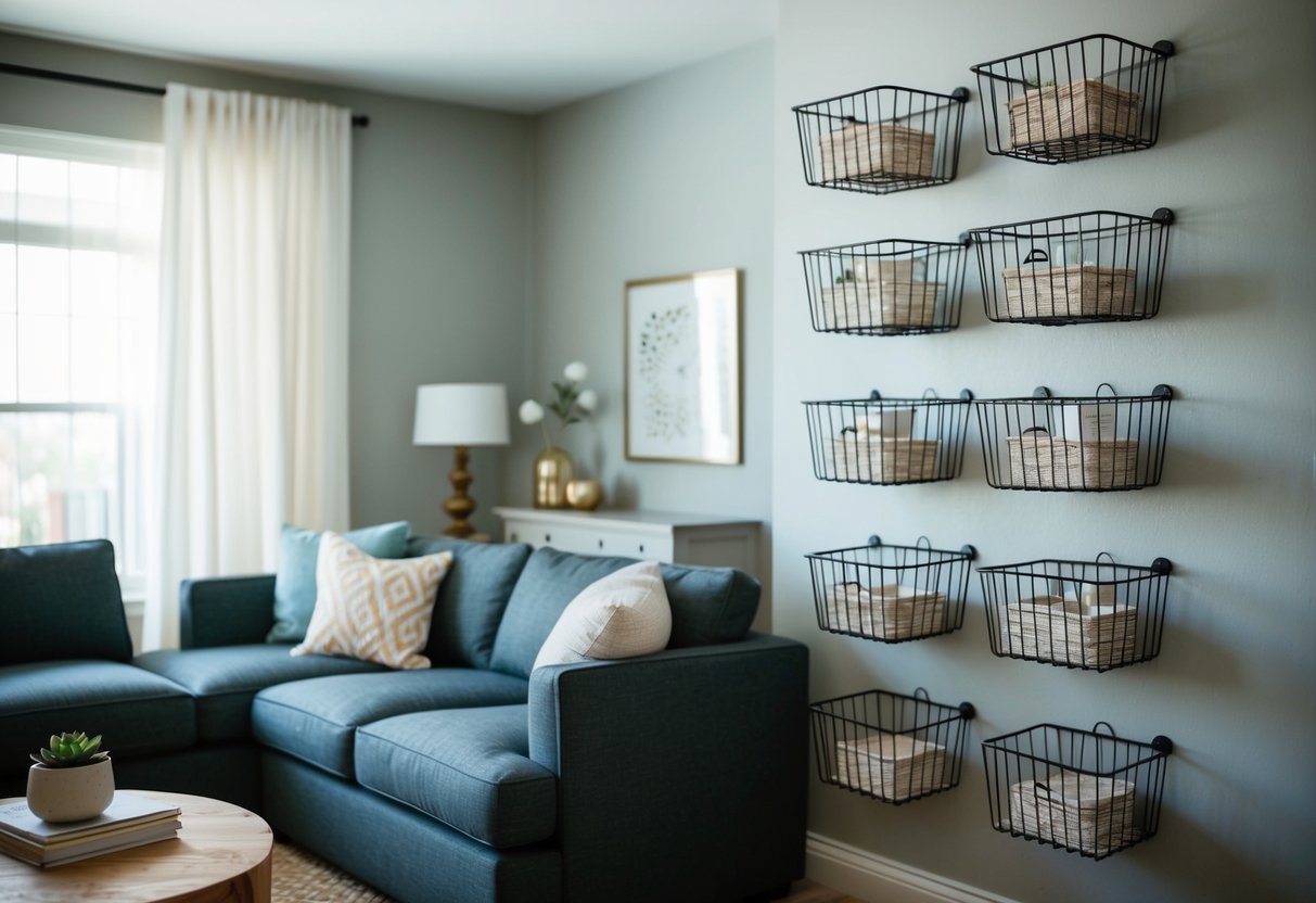 A living room with wire baskets mounted on the wall for storage