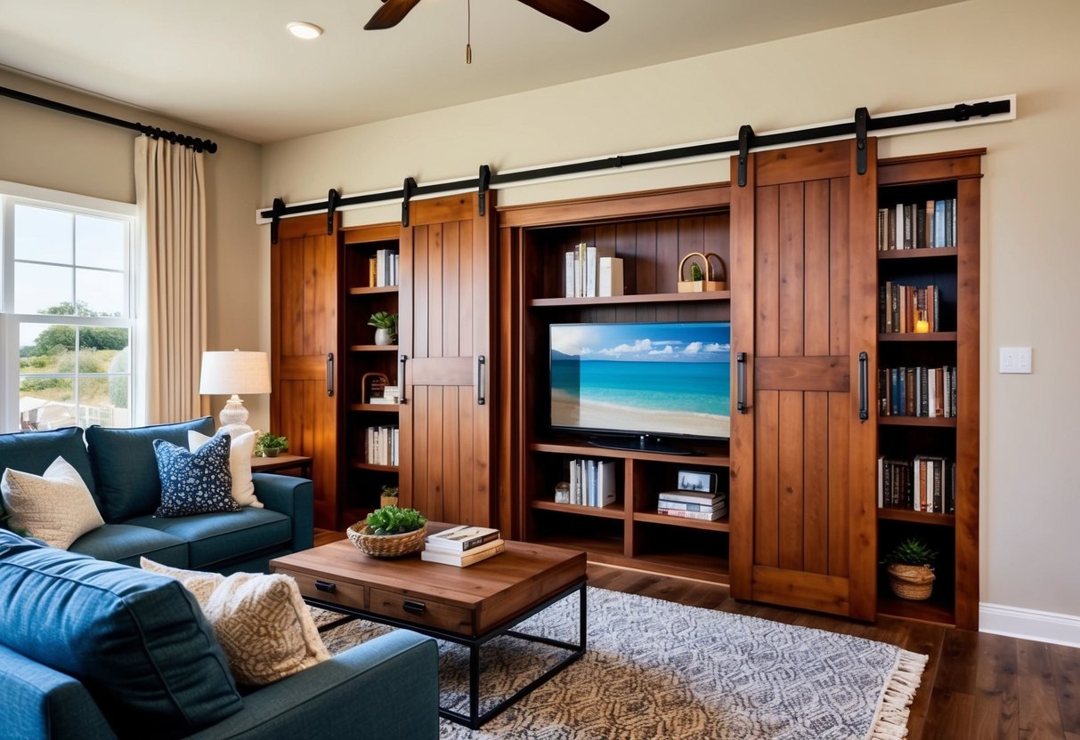 A cozy living room with sliding barn doors revealing hidden storage compartments for books and decor