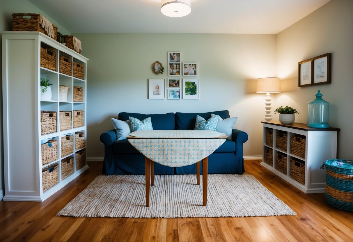 A cozy living room with a drop-leaf table surrounded by storage solutions like shelves, baskets, and cabinets