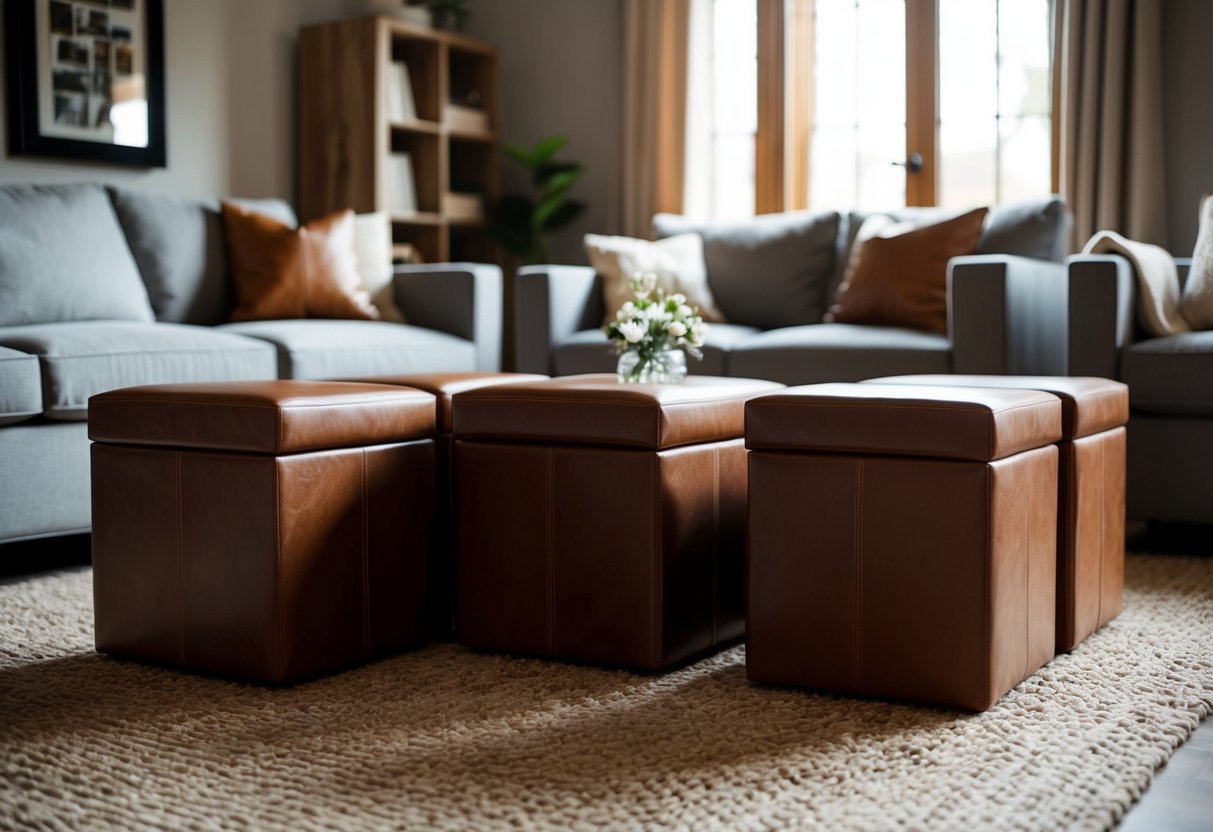 A cozy living room with leather storage cubes neatly arranged, adding a touch of elegance and functionality to the space