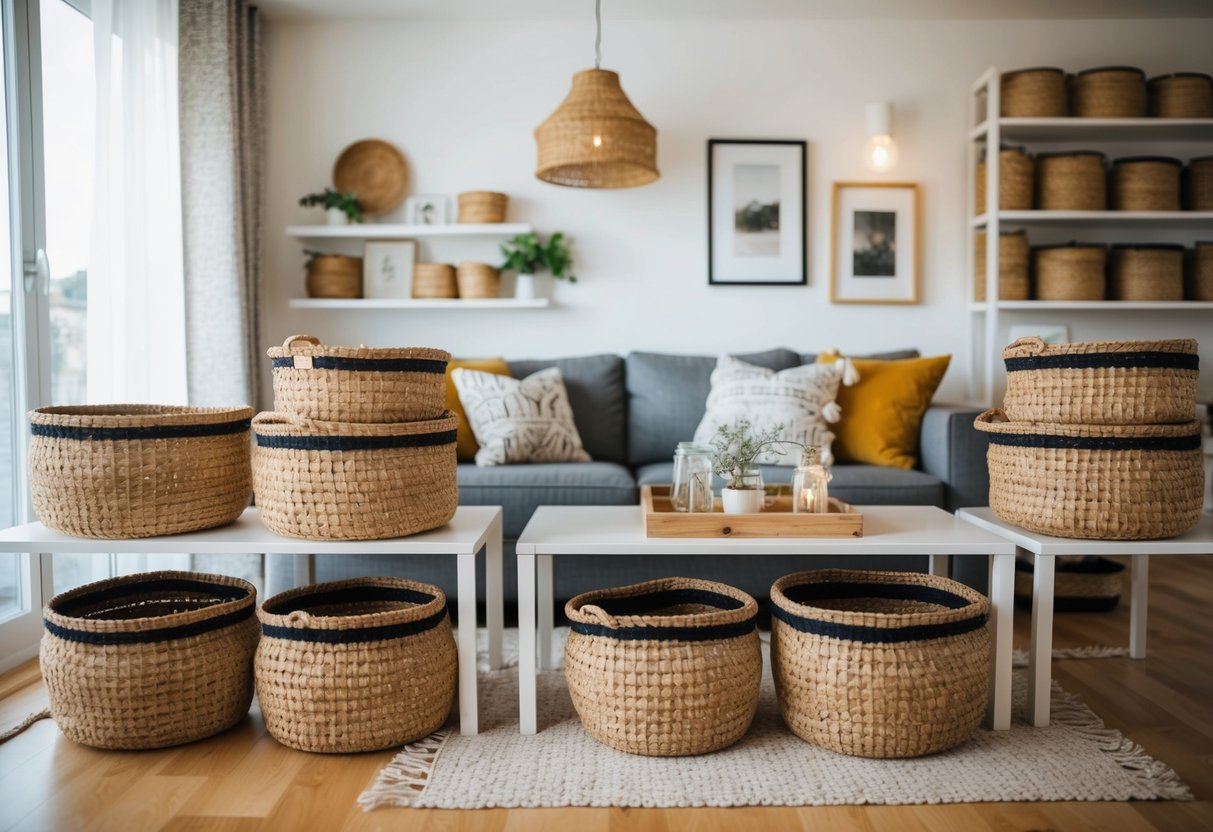 A cozy living room with jute baskets neatly organized on shelves and under tables, providing stylish and practical storage solutions