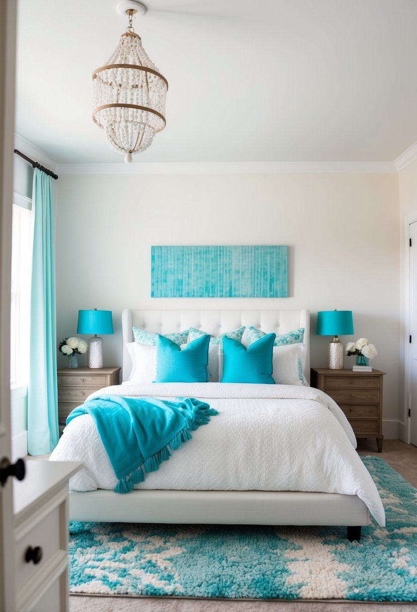 A white and turquoise bedroom with a cozy bed, soft rugs, and elegant decor