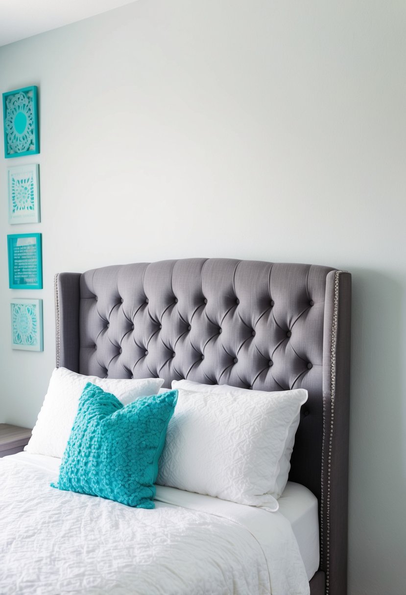 A tufted gray headboard stands against a wall in a bedroom with white and turquoise decor