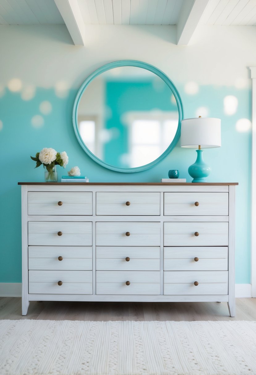 A white washed wood dresser stands in a serene bedroom, with turquoise accents adding a pop of color to the bright and airy space