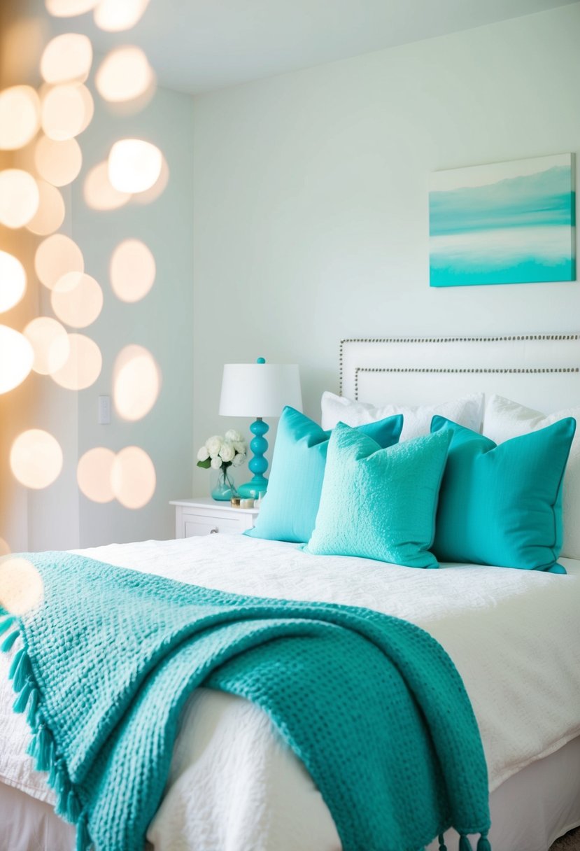 A cozy white and turquoise bedroom with a bed adorned with turquoise throw pillows, creating a serene and inviting atmosphere