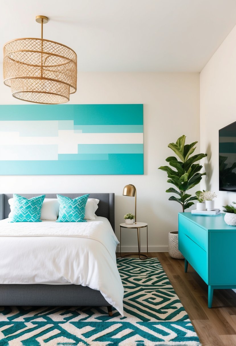 A modern white and turquoise bedroom with a geometric rug as the focal point