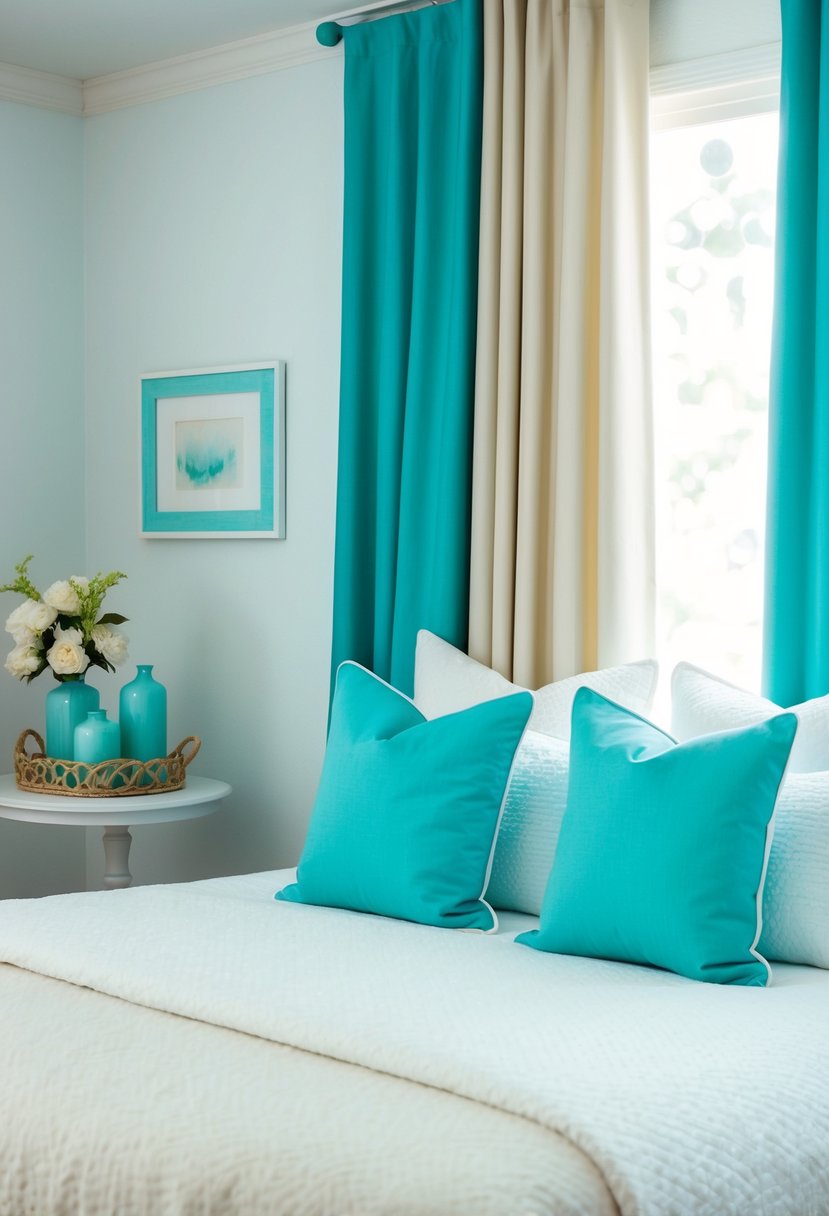 A bedroom with ivory and teal curtains, white and turquoise decor, and a serene ambiance