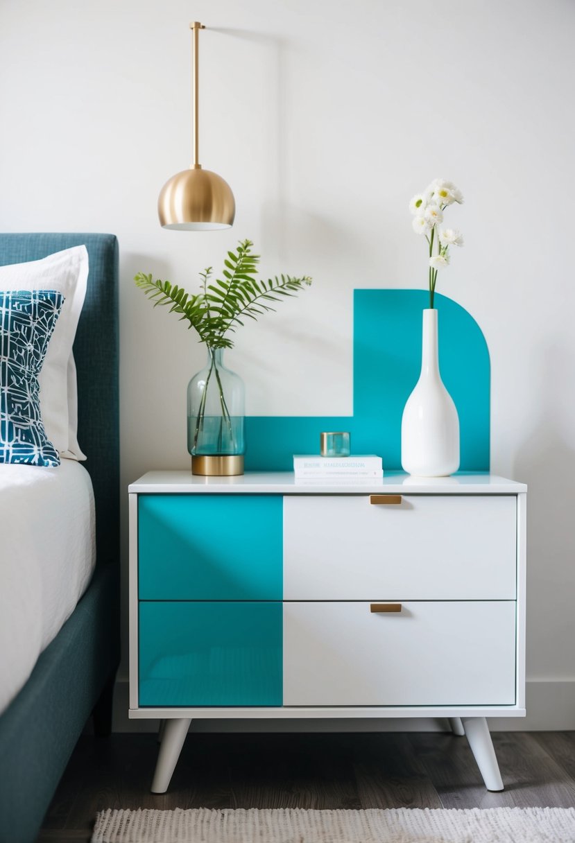 A white and turquoise nightstand sits in a modern bedroom, with contrasting colors and clean lines