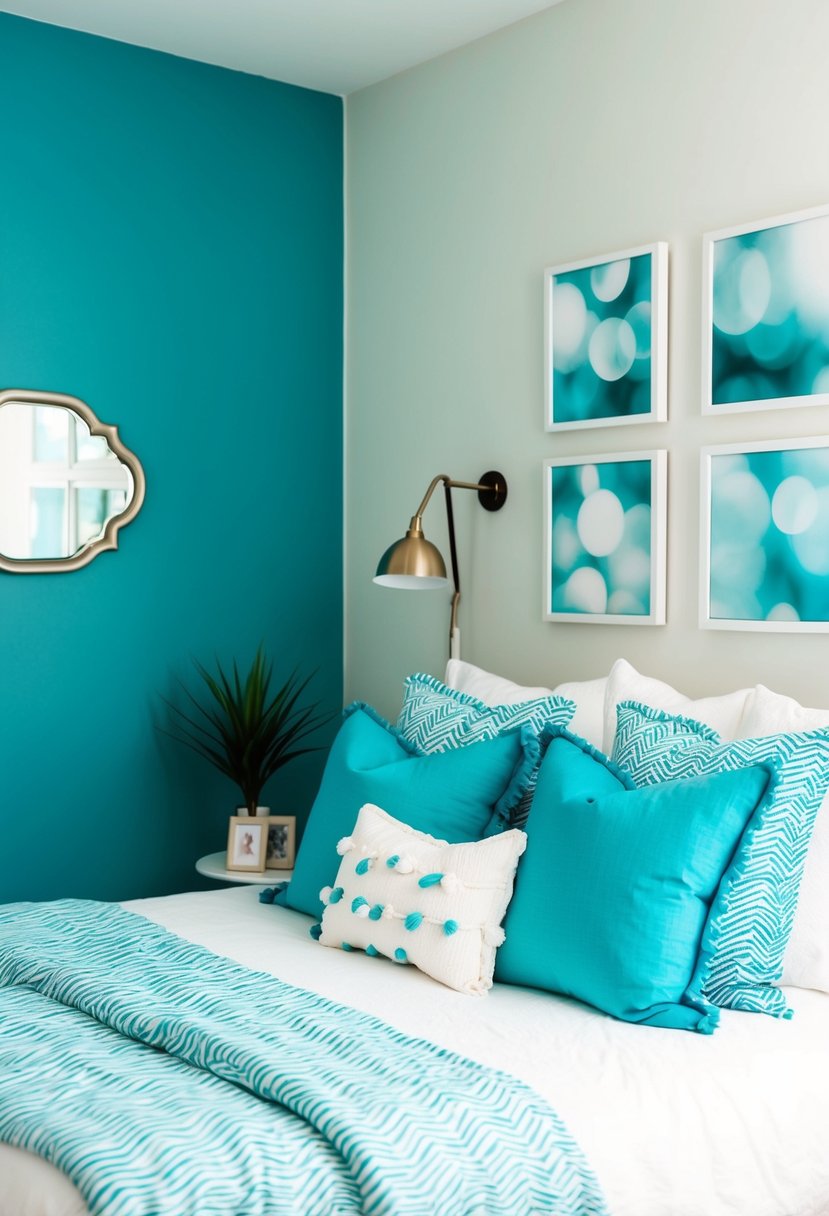 A cozy bedroom with a cerulean accent wall, adorned with white and turquoise decor