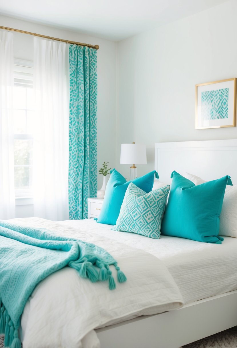 A cozy white bed with turquoise throw pillows and matching curtains in a bright, airy bedroom