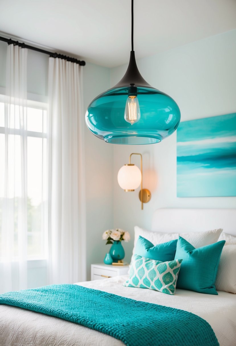 A teal glass pendant light hangs above a white and turquoise bedroom with modern decor and soft lighting