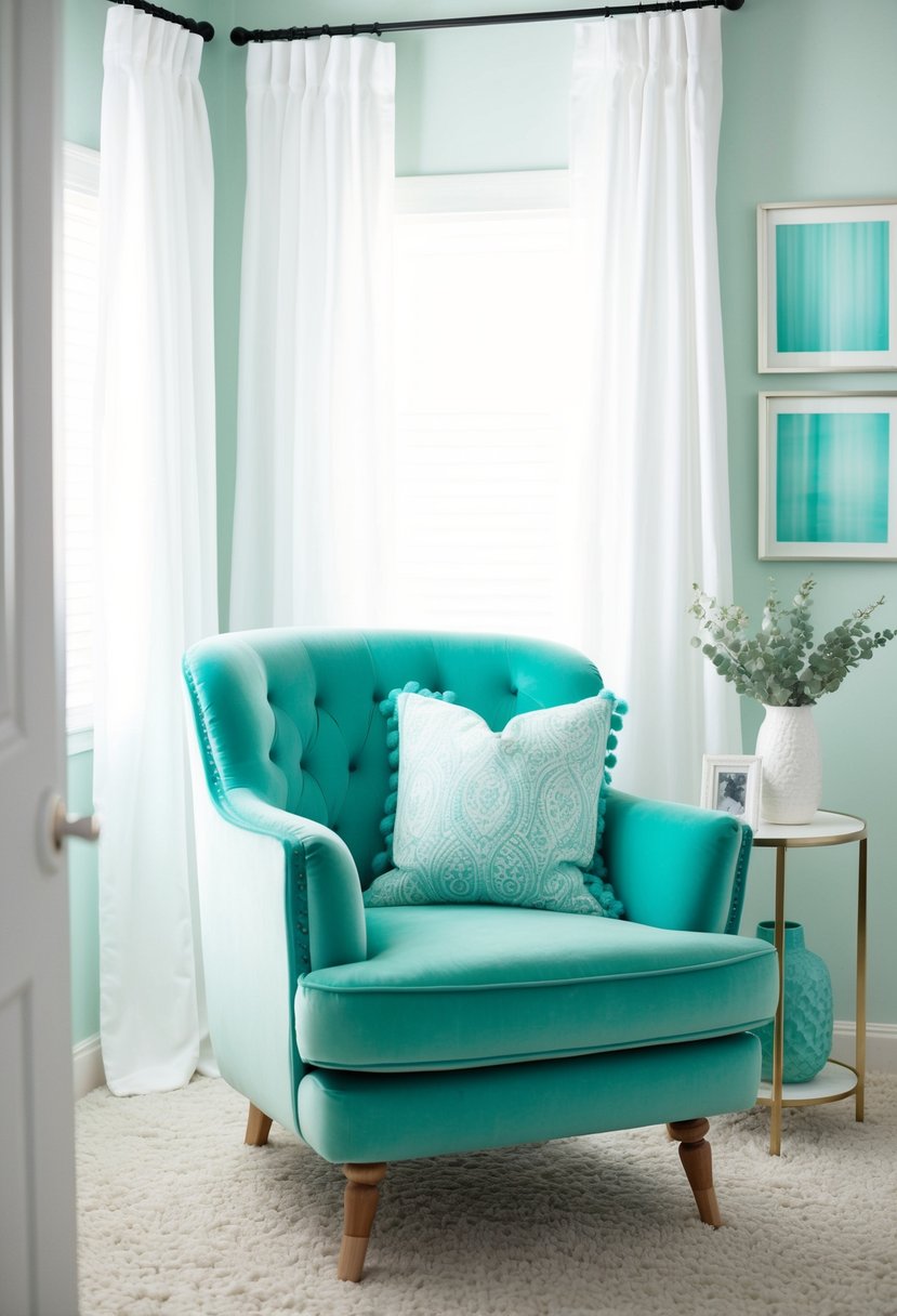 A cozy mint velvet armchair sits in a serene bedroom with white and turquoise decor