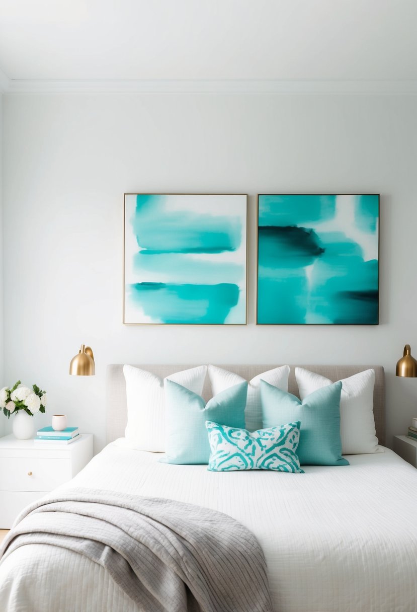 A serene white and turquoise bedroom with abstract aqua artwork on the walls, featuring a tranquil and modern aesthetic