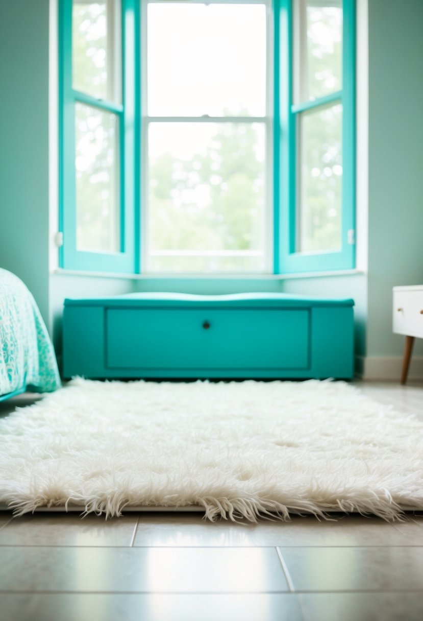 A white shag area rug sits in the center of a serene, turquoise and white bedroom, with soft natural light streaming in through the window