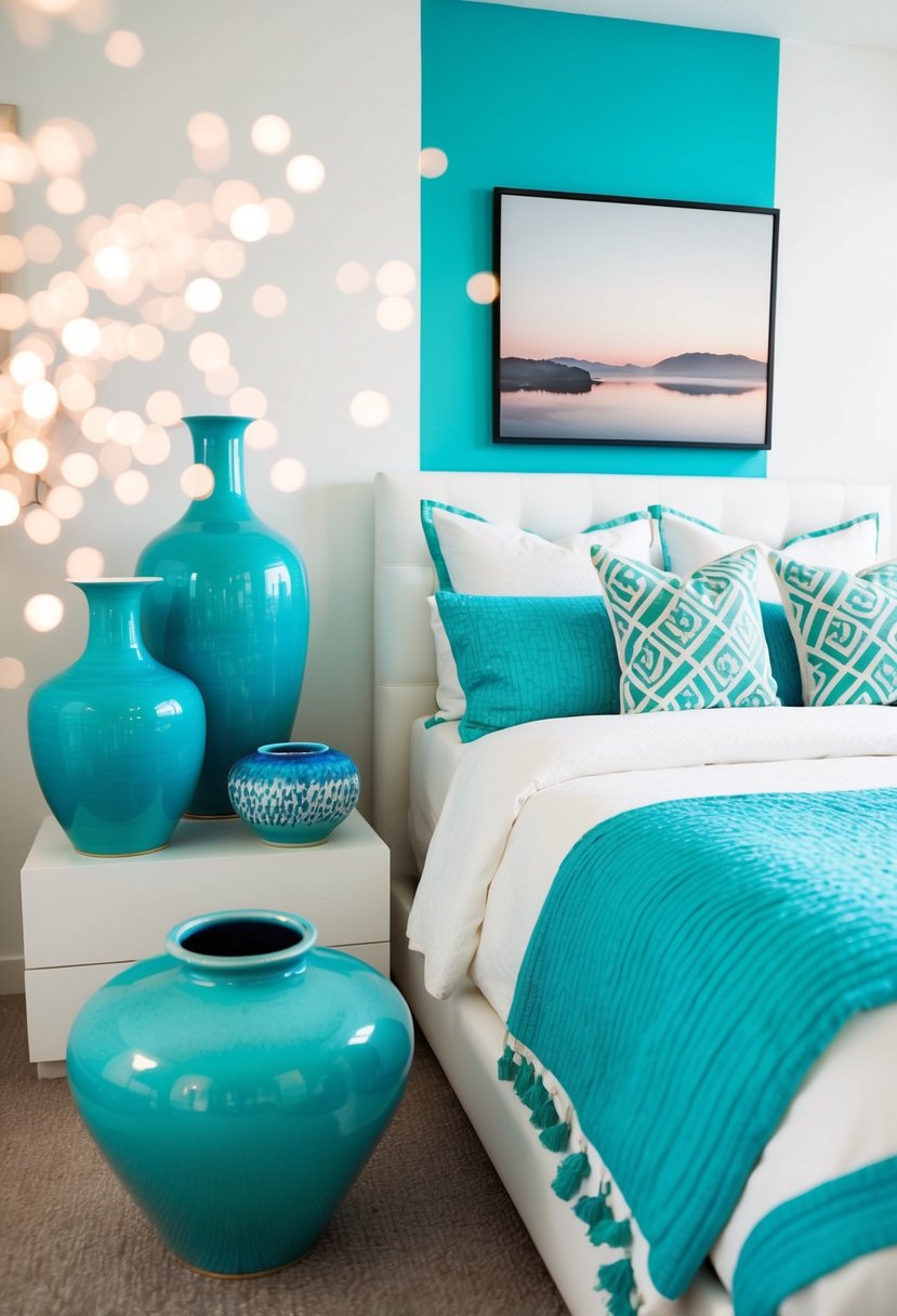 A white and turquoise bedroom with a display of ceramic vases