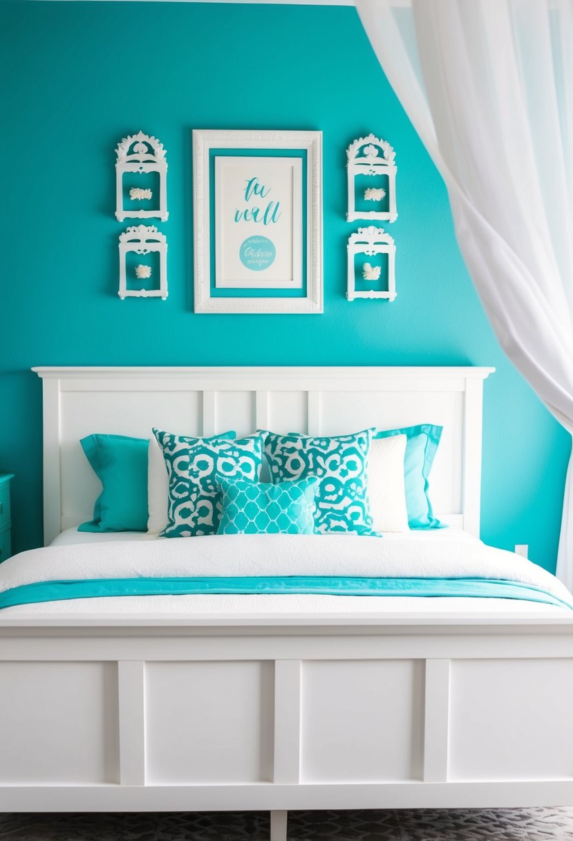 A white bed frame in a turquoise and white bedroom with matching decor and accents