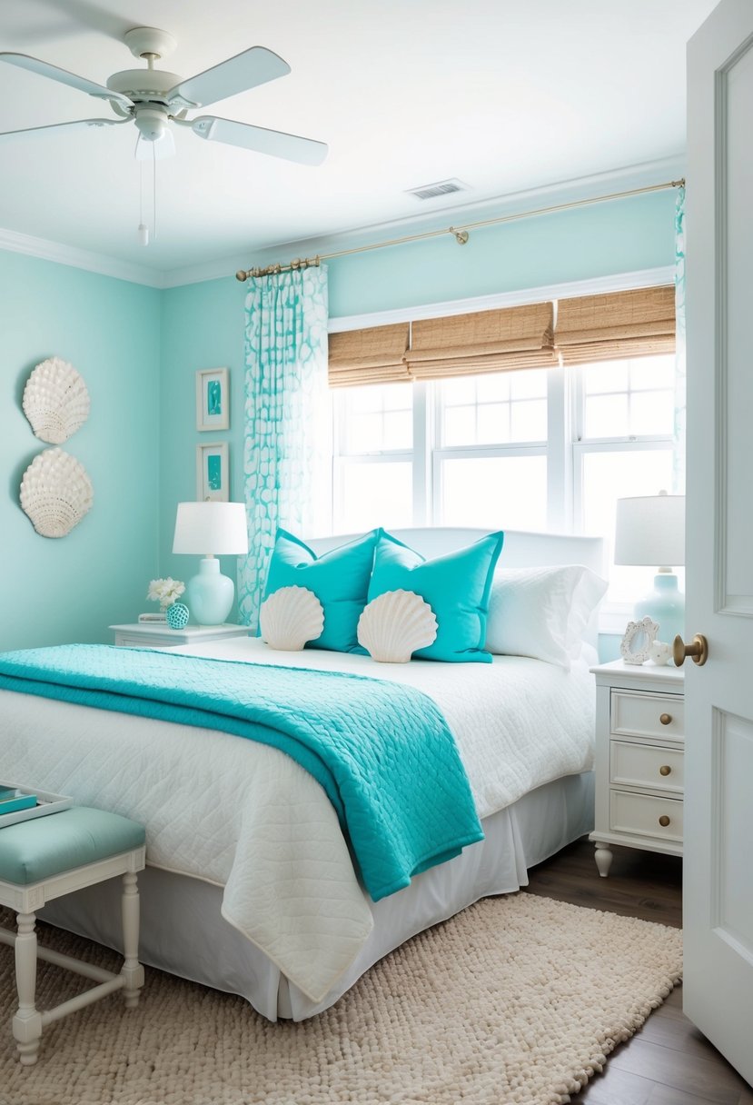 A serene bedroom with white and turquoise decor, featuring seashell decorative accents throughout the room