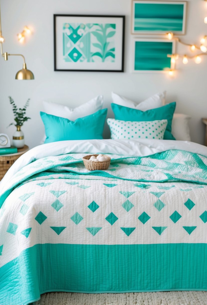 A cozy white and turquoise bedroom with a cotton quilt featuring mint patterns draped over the bed