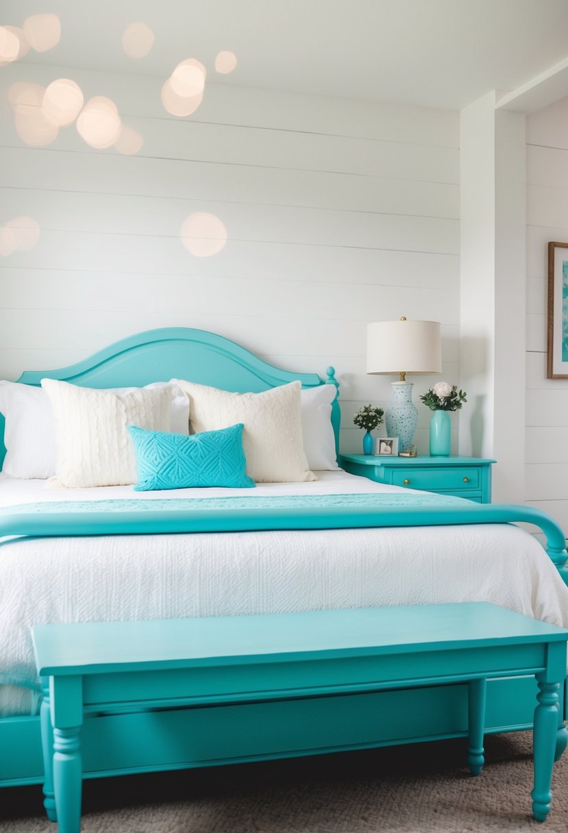 A white and turquoise bedroom with a painted wooden bed bench