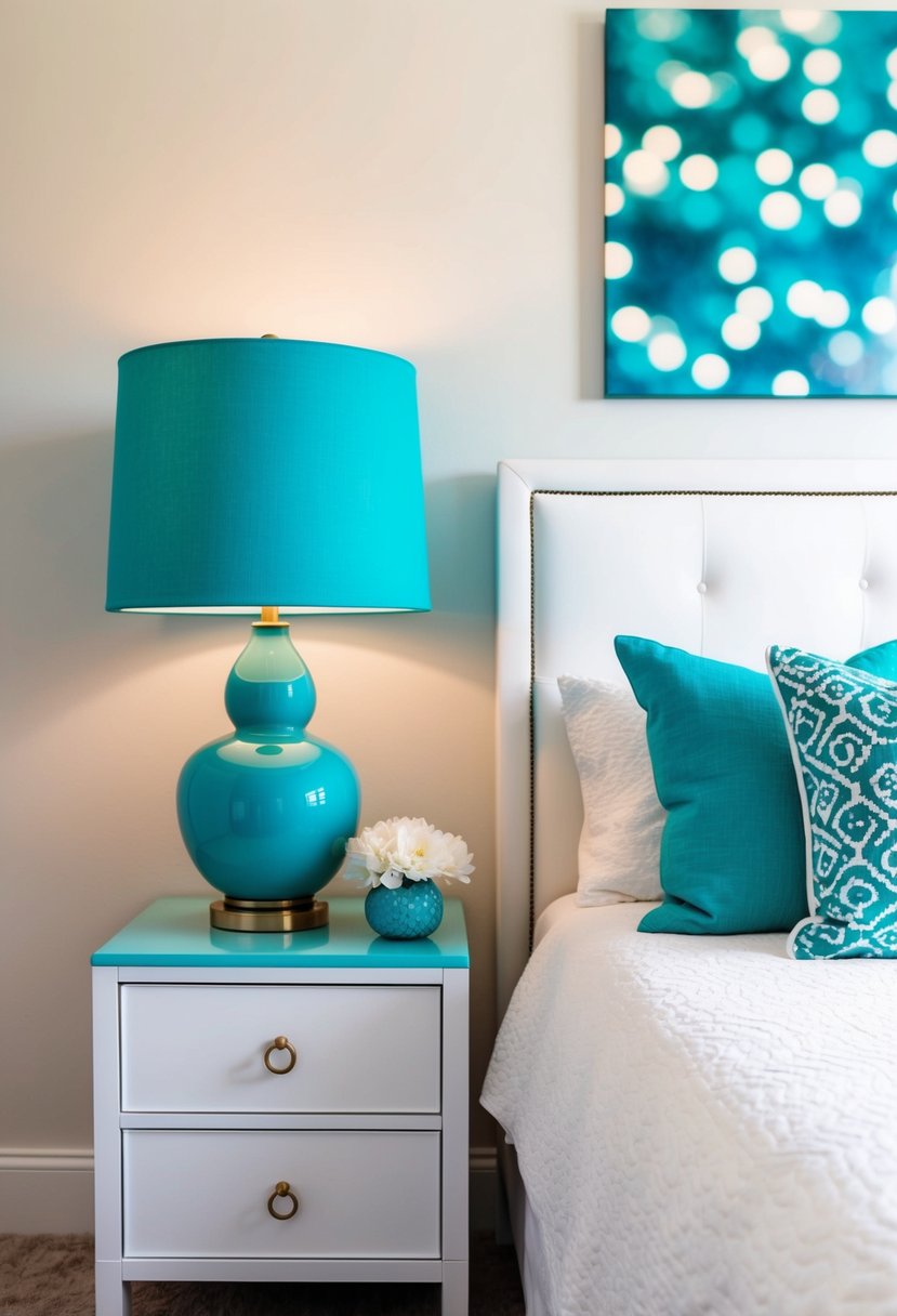 A bedroom with a white and turquoise color scheme, featuring an aquamarine table lamp as the focal point