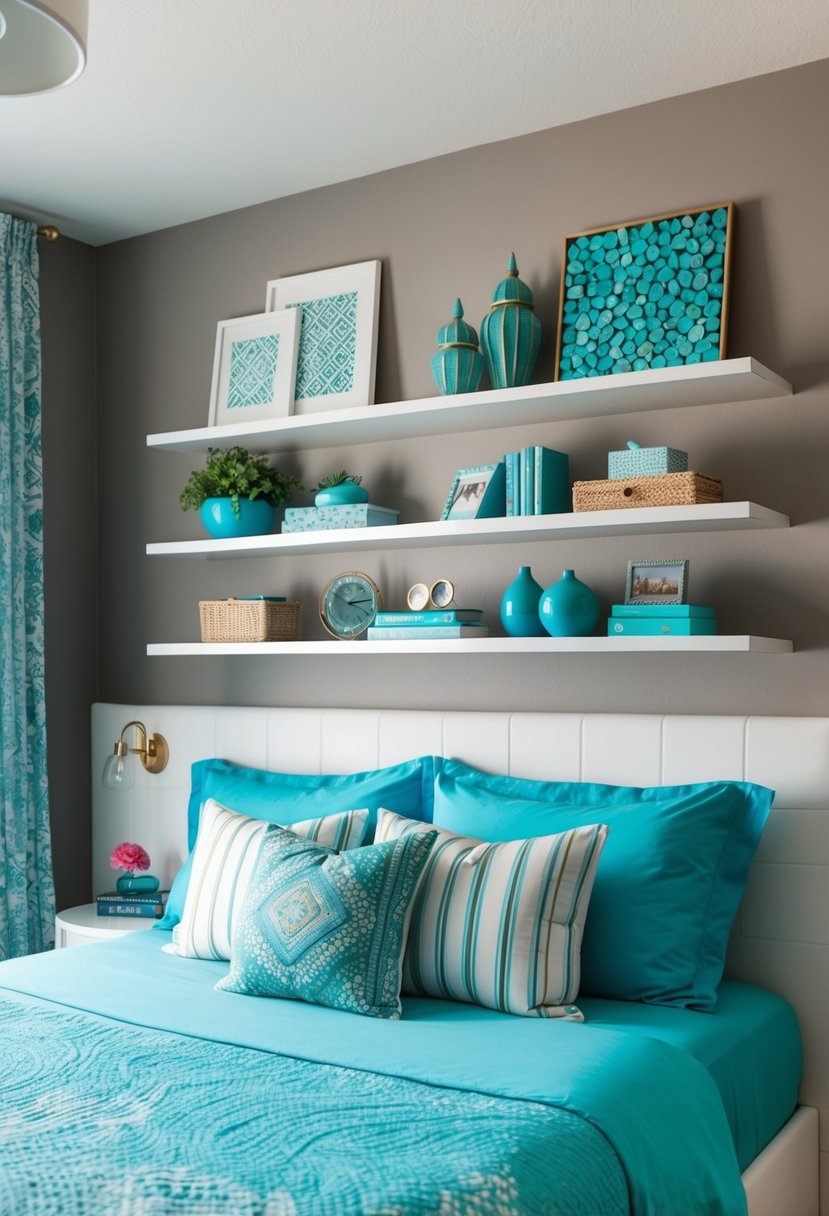 A bedroom with white floating shelves filled with turquoise decor and accents