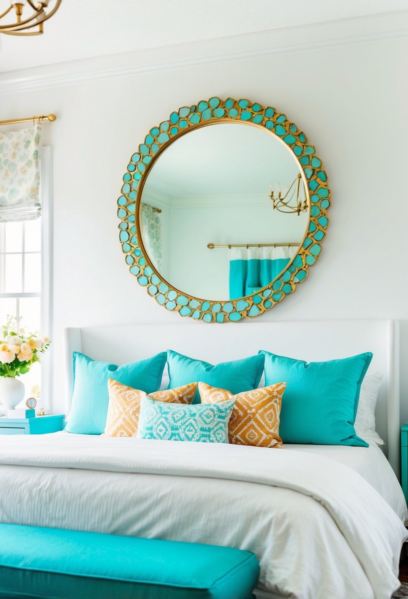 A white and turquoise bedroom with a large turquoise and gold wall mirror as the focal point