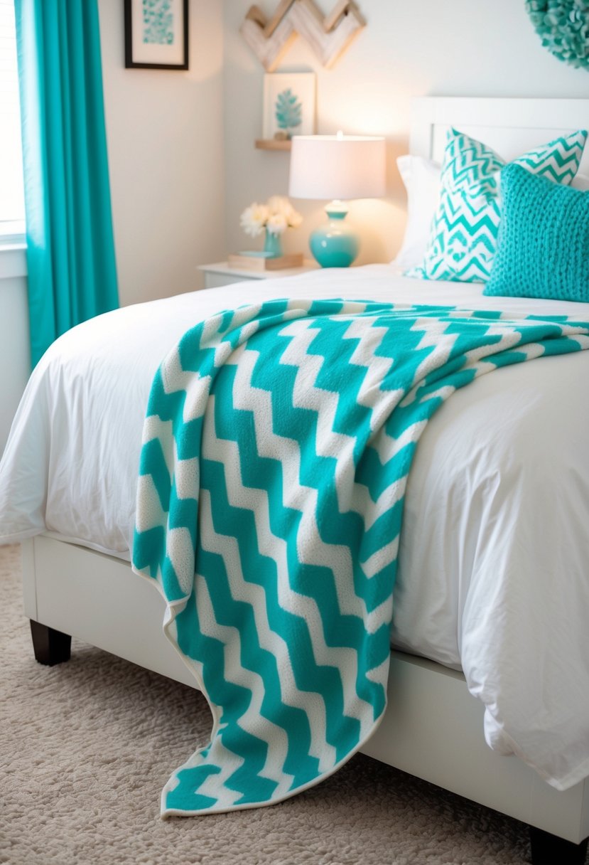 A cozy teal chevron blanket drapes over a neatly made bed in a white and turquoise bedroom, with soft lighting and decorative accents