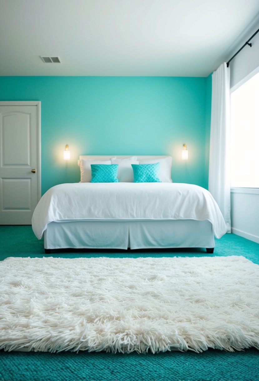 A plush white carpet lies in the center of a serene white and turquoise bedroom, creating a tranquil and inviting atmosphere