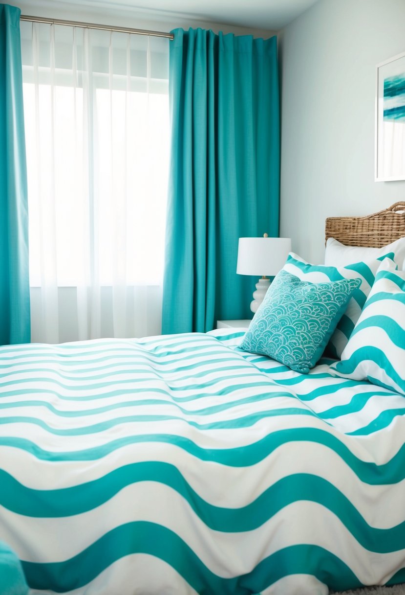 A cozy bedroom with a white and turquoise duvet cover featuring a wave pattern. The room is neatly decorated with matching pillows and curtains