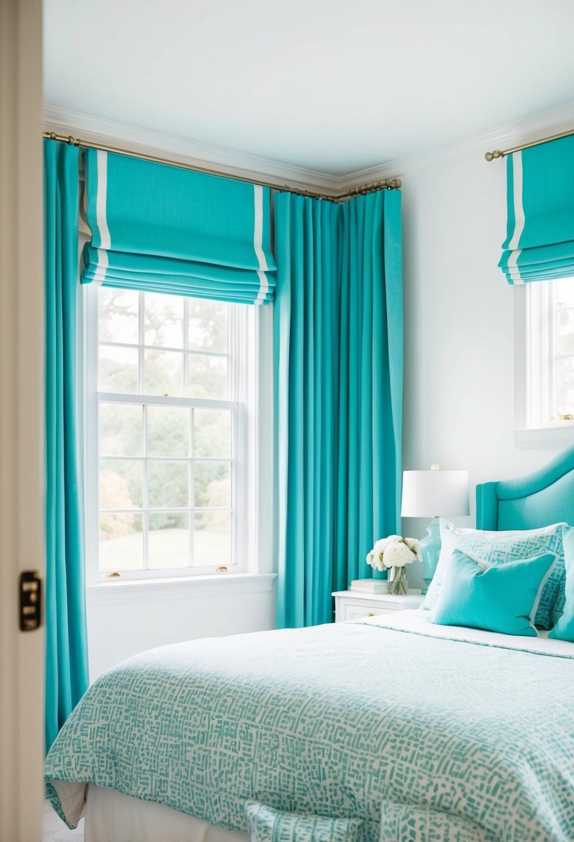 A serene bedroom with white walls and turquoise Roman shades, accented with matching decor and bedding