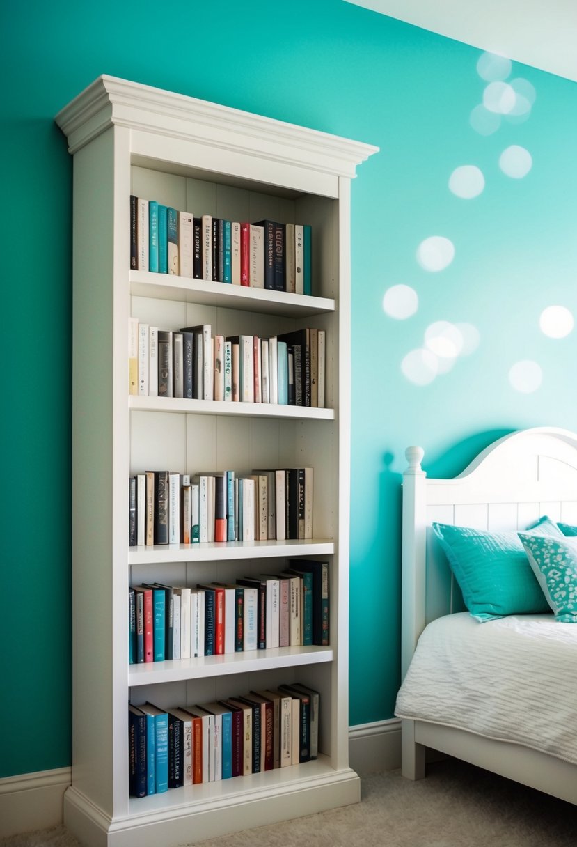 A white wooden bookshelf stands against a turquoise wall in a serene bedroom