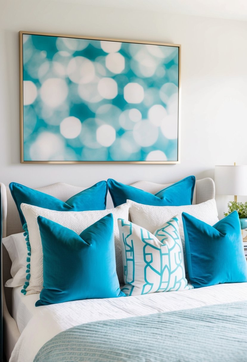 A serene bedroom with sky blue velvet cushions, white and turquoise decor, creating a peaceful and inviting atmosphere