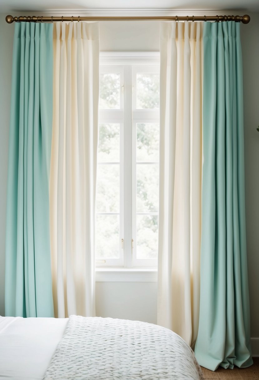 A serene bedroom with ivory panel curtains, featuring a white and turquoise color scheme