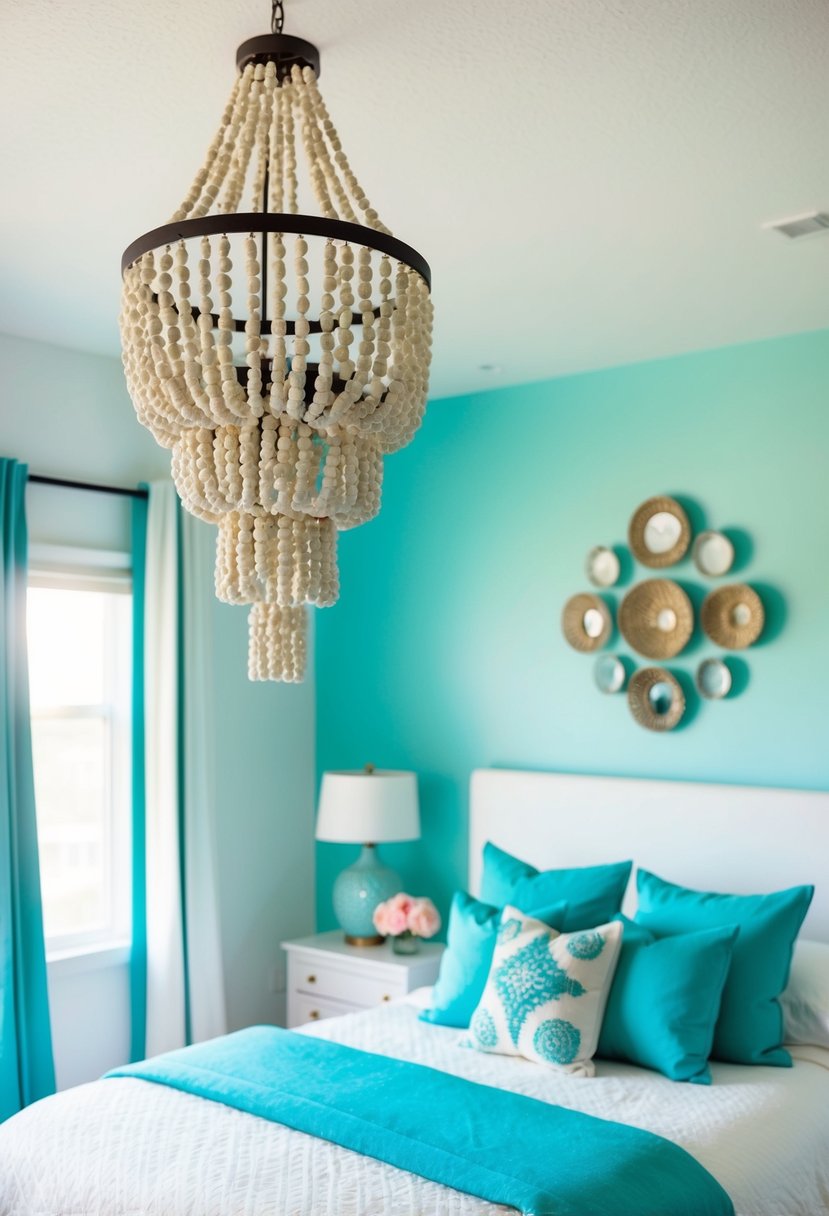 A white and turquoise bedroom with a beaded chandelier hanging from the ceiling, casting a soft glow over the room's decor