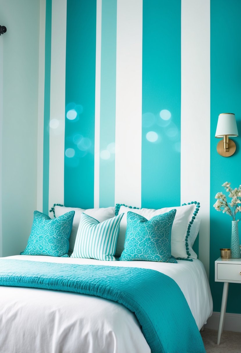 A white and aqua striped wallpaper adorns a serene turquoise bedroom with matching decor and accents