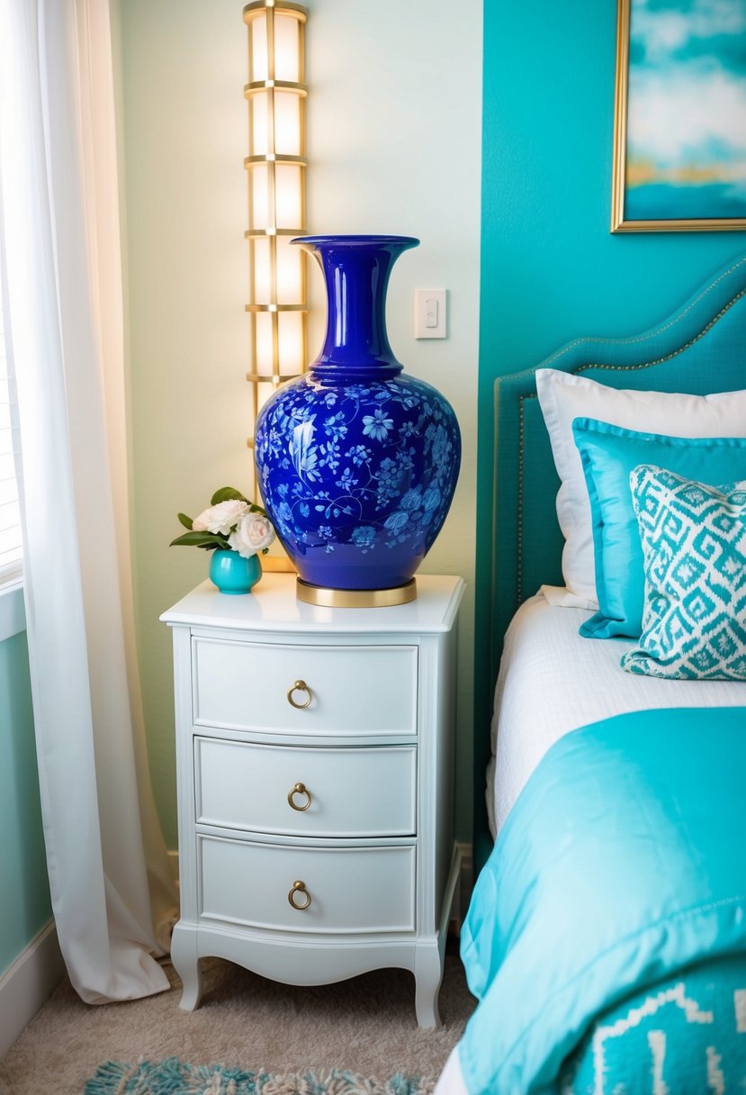 A ceramic blue table vase sits on a white dresser in a turquoise bedroom, surrounded by matching decor and soft lighting