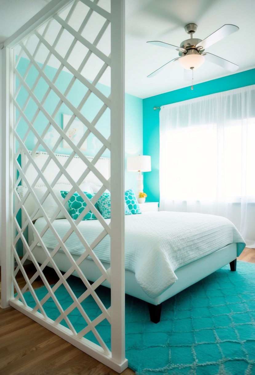 A white lattice room divider separates a white and turquoise bedroom