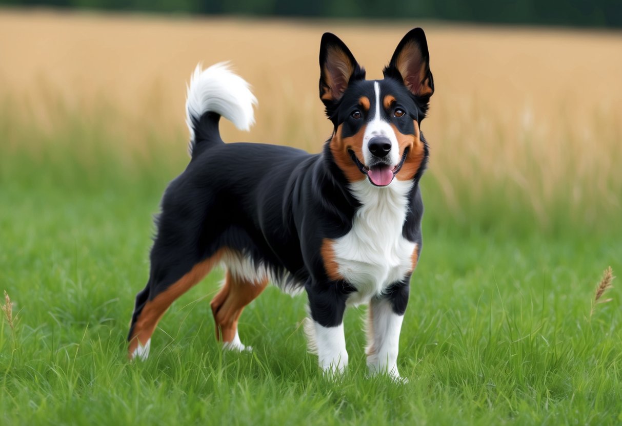 A Berger Picard dog standing in a grassy field, with its ears perked up and a curious expression on its face